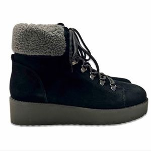 Sam Edelman Hiking Boots Franc Grey Faux Fur Trim Black Suede Platform Size 10